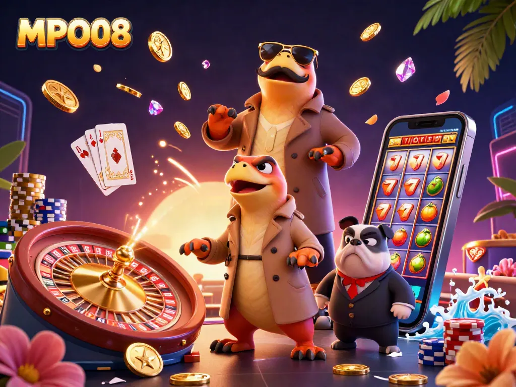 Experience the vibrant gaming world of MPO08 with raptors in a trench coat, virtual slot machines, and casino energy.