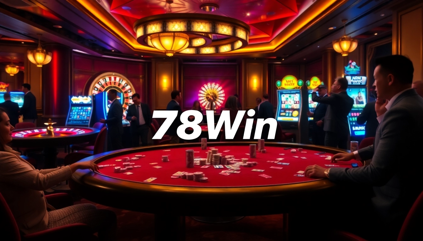 Experience the excitement of 78Win with vibrant casino tables featuring colorful chips and cards.