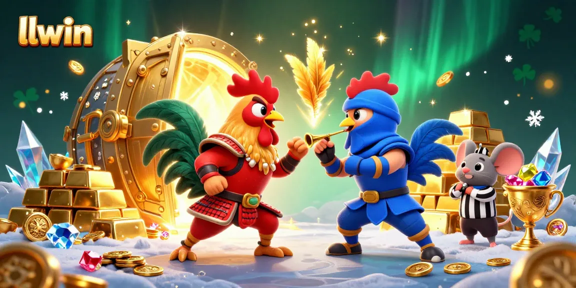 llwin showcases a thrilling standoff between roosters in a vibrant casino atmosphere, enhancing your gaming excitement.