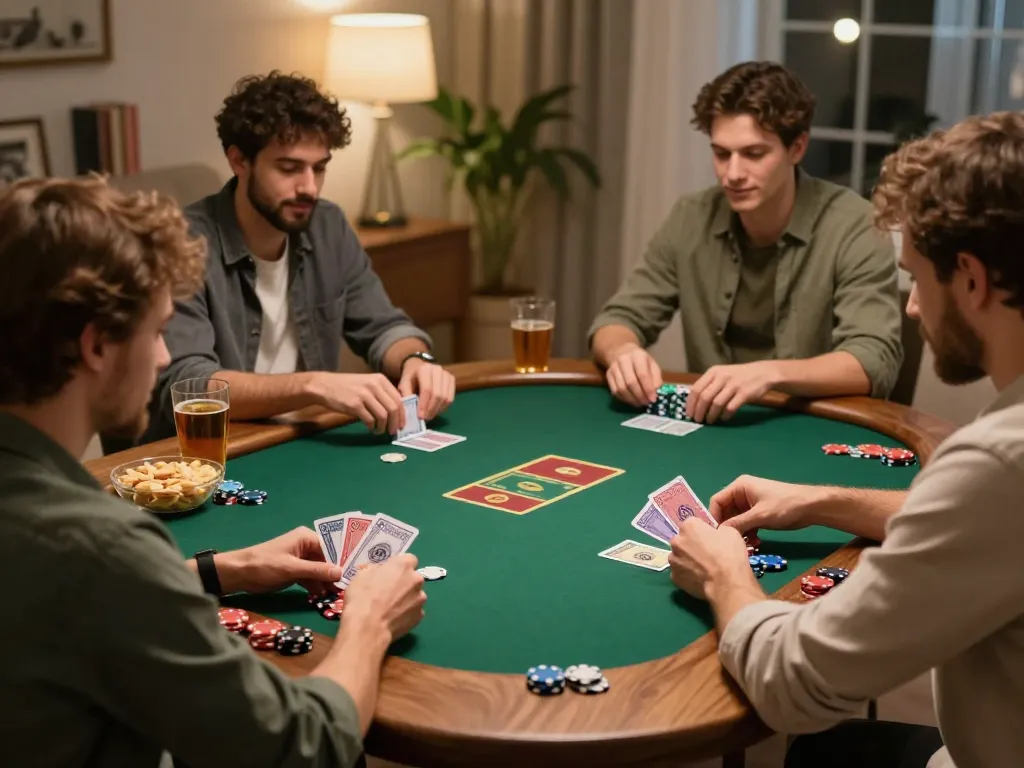 Players enjoying a thrilling poker game at home, highlighting KEONG178's social atmosphere and strategic gameplay.