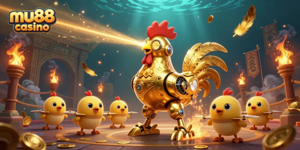 Experience thrilling action in the mu88 casino realm with an intricate golden rooster robot and baby chick drones.