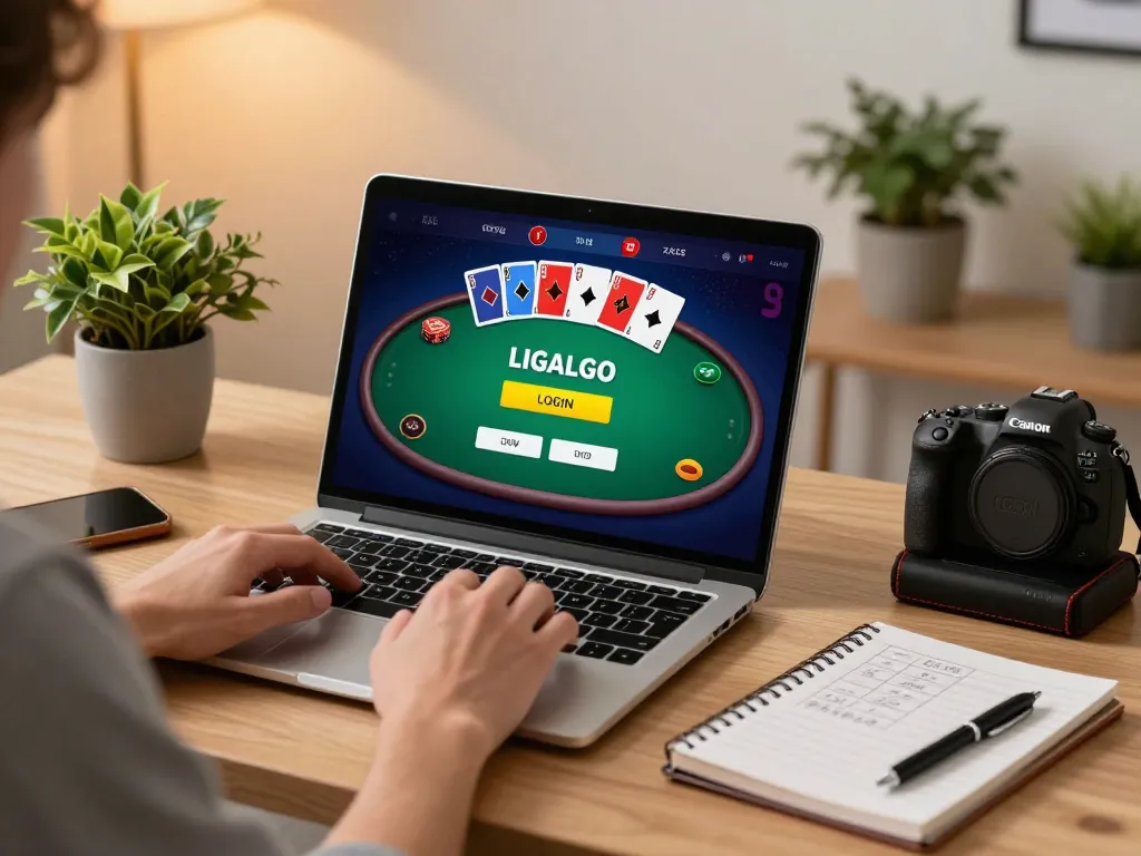LIGALGO LOGIN displayed on laptop screen while player strategizes in cozy gaming setup.