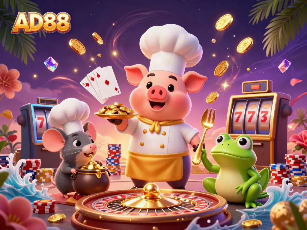Culinary and gaming blend at AD88 showcasing a pig chef serving gold coins with casino elements.