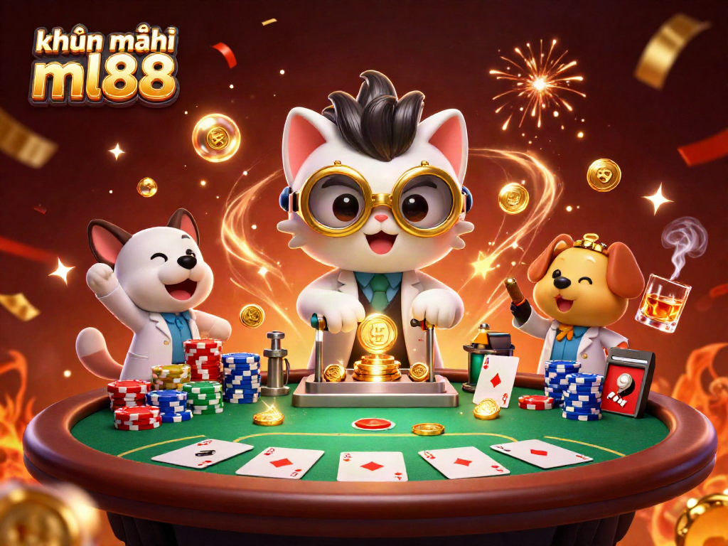 Engage with khuyến mãi ml88 through dynamic scenes of casino excitement, featuring poker elements and vibrant characters.