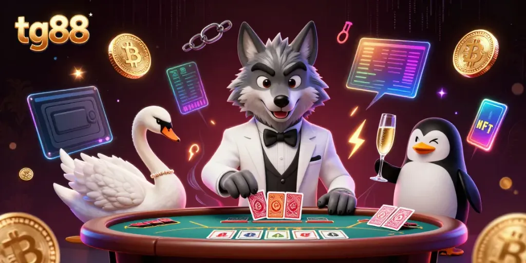 Engage in thrilling casino action with tg88, showcasing a 3D wolf, swan, and penguin at baccarat.