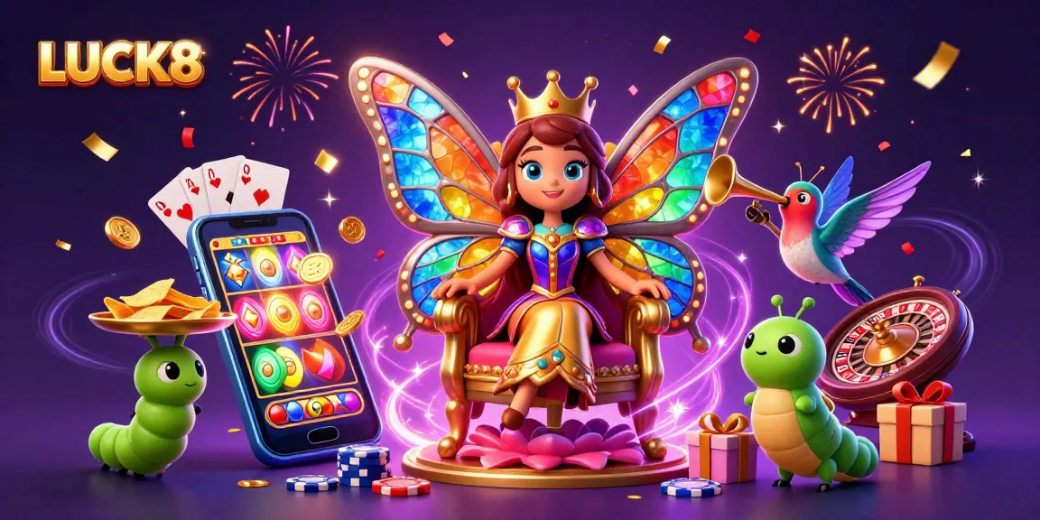 Engage with LUCK8's vibrant casino atmosphere featuring a butterfly queen and magical elements.
