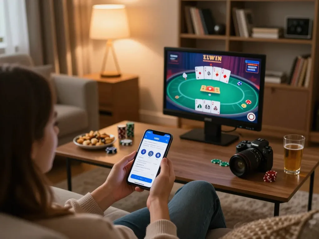 Person engaging with the LLWIN app for online poker in a cozy home setting