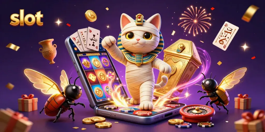 Spin the slot reels with a golden Egyptian mummy cat in a vibrant casino scene.