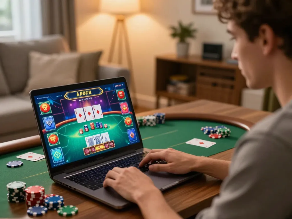 Player strategizing while playing tại ok365 on an engaging online poker interface at home.
