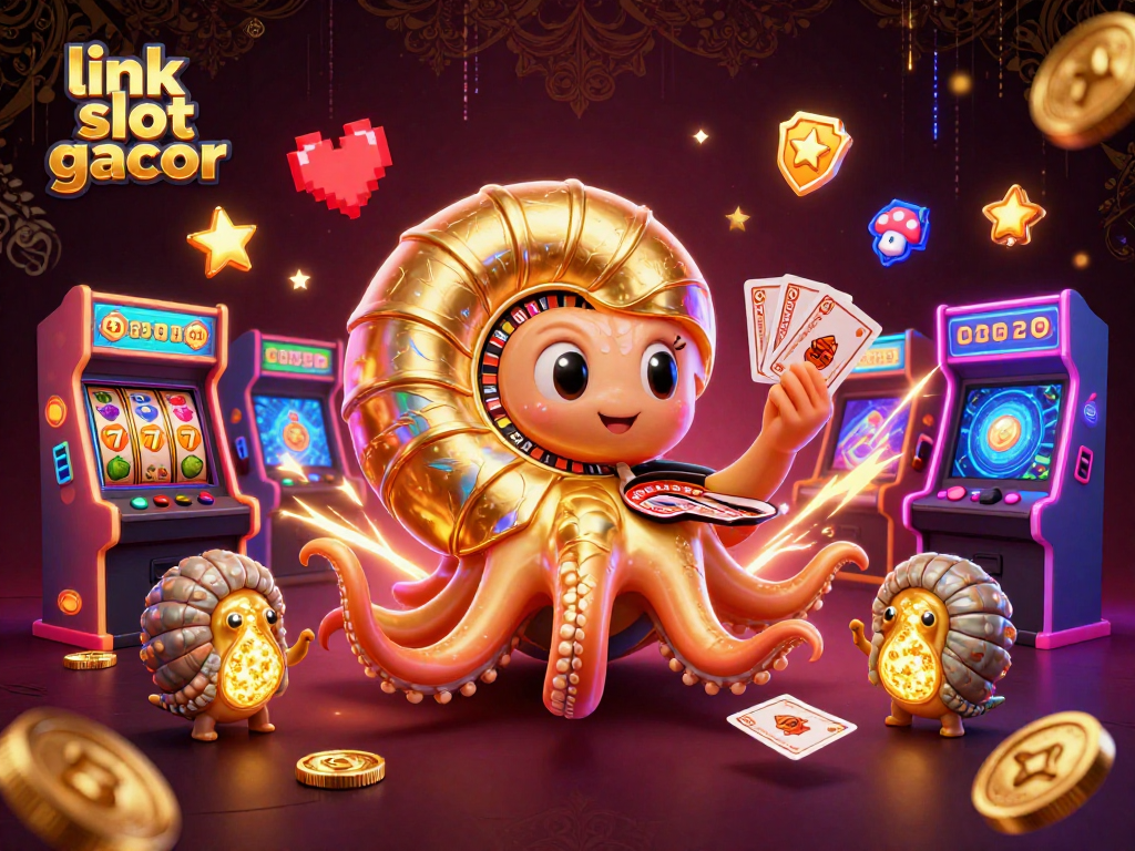 Engage with the vivid "link slot gacor" scene filled with retro arcade elements and casino themes