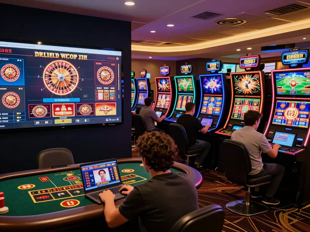 Players engaging with diverse games on the OK9 online casino platform, showcasing vibrant slots and live dealer actions.