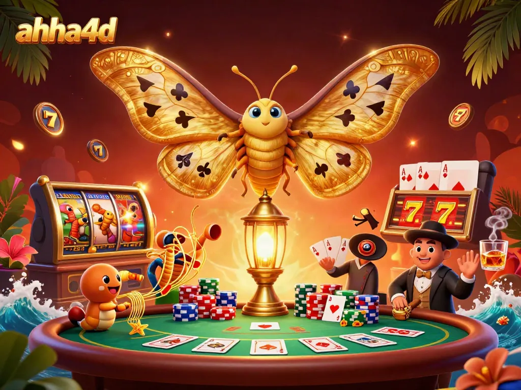 Engage with AHHA4D through a vibrant casino scene showcasing dynamic slot elements and a stunning moth.