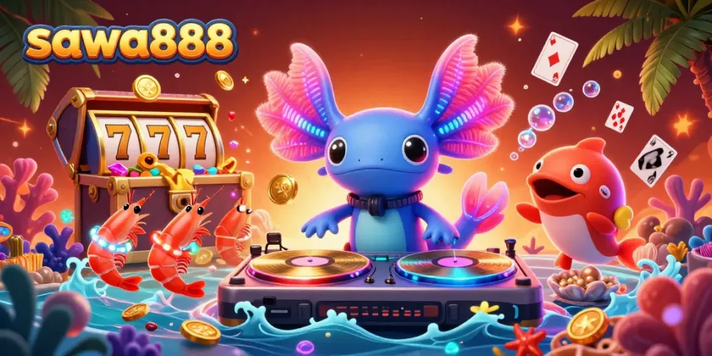 Sawa888 showcases vibrant underwater casino scene with axolotl DJ, shrimp dancers, and slot reel elements.
