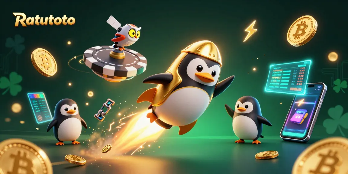 Ratutoto menampilkan penguin emas bertenaga roket di dunia kasino digital, meluncurkan koin keemasan.