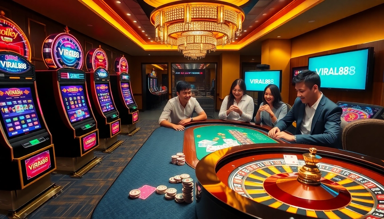 Players engaging with gambling games on the VIRAL88 platform, featuring vibrant slot machines and poker tables.