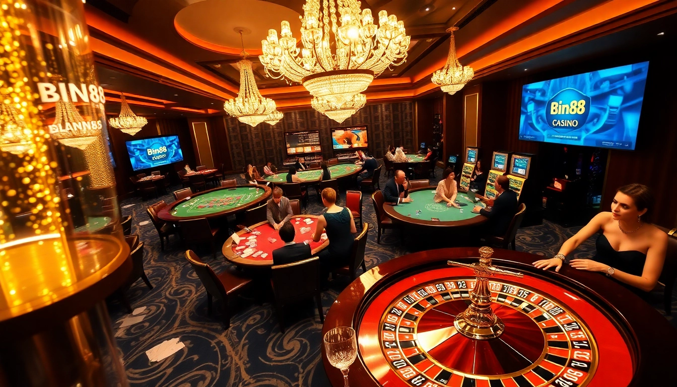 Experience the thrilling environment of Bin88 with luxurious casino tables and eager players.