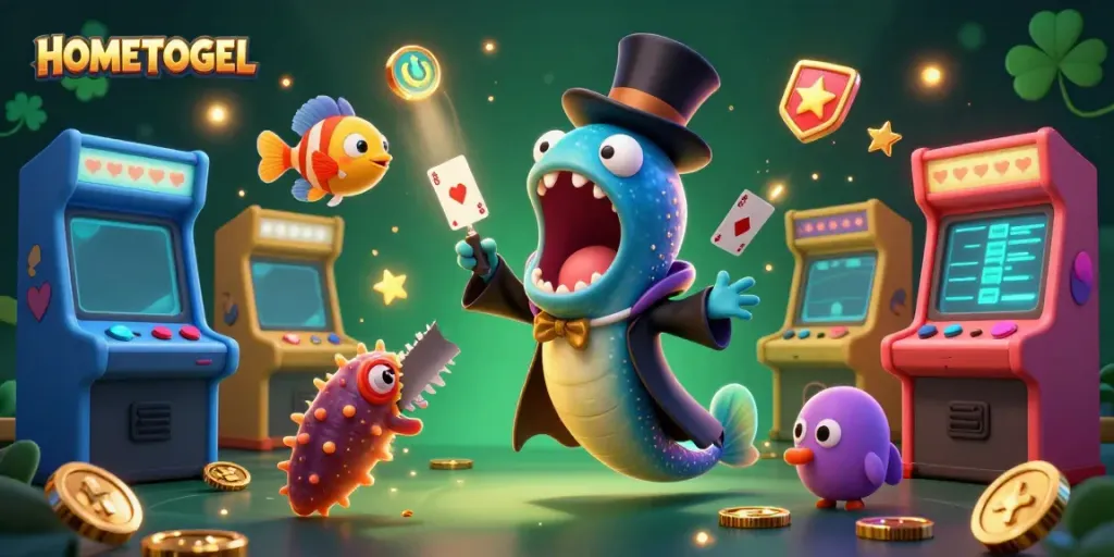 Experience HOMETOGEL's magical allure with dynamic underwater characters performing tricks amidst vibrant gaming elements.