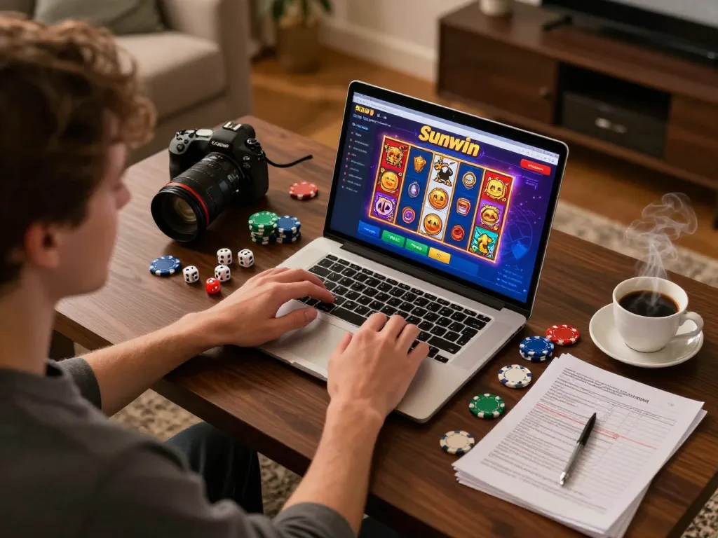 Player enjoying Sunwin online slots on a laptop, showcasing a cozy gaming atmosphere with accessories.