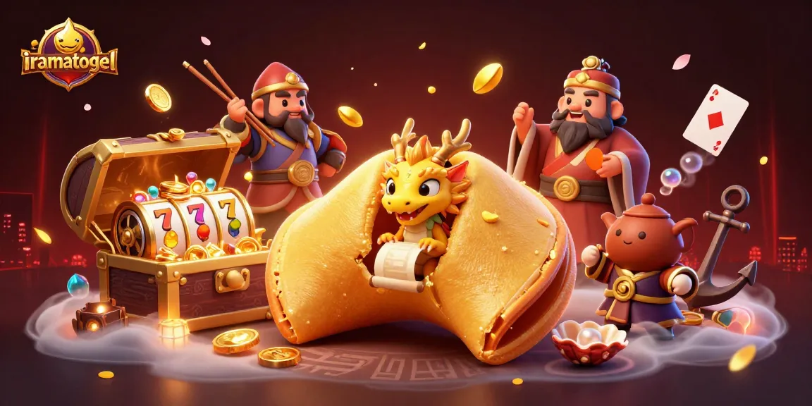 Permainan iramatogel dalam ilustrasi 3D menampilkan kue keberuntungan, naga bijaksana, dan elemen slot yang menarik.