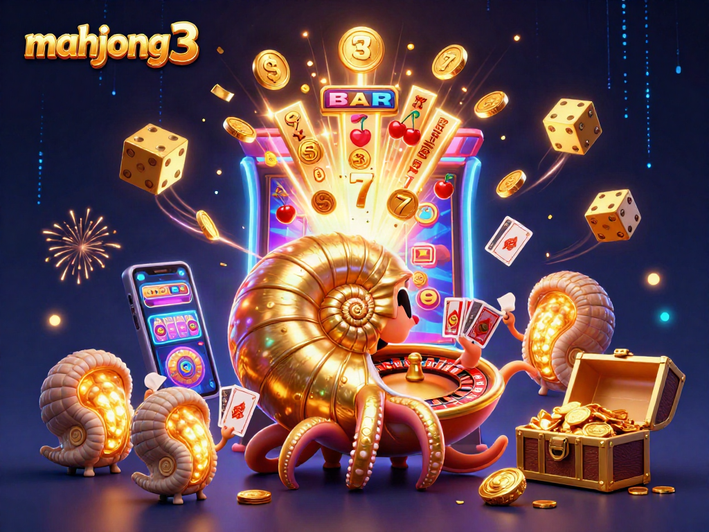 Engage in mahjong 3 with a colorful and dynamic casino scene featuring a giant nautilus and joyful game elements.