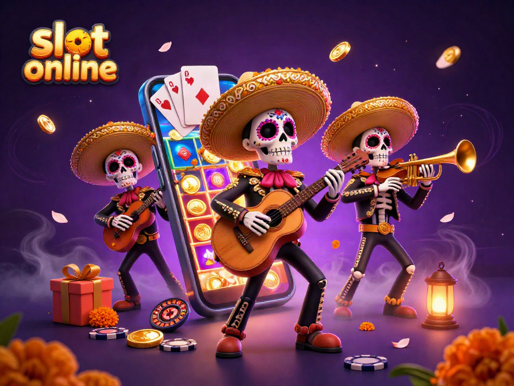 Menangkan slot online dengan permainan menarik bersama skeleton mariachi dalam ilustrasi cerah yang penuh warna.