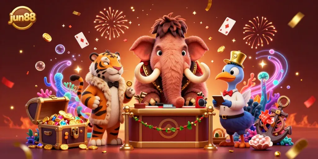 Experience the excitement of jun88 with an engaging scene featuring cartoon characters and gaming elements in a vibrant casino atmosphere.
