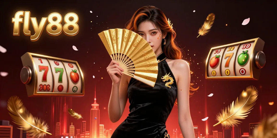 Experience thrilling gameplay with fly88 showcasing an elegant Asian woman surrounded by dynamic slot elements.