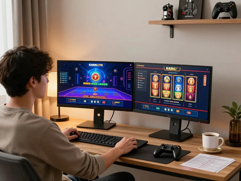 KADAL778 online casino gaming setup featuring live dealer games on dual monitors, showcasing responsible and engaging gameplay.