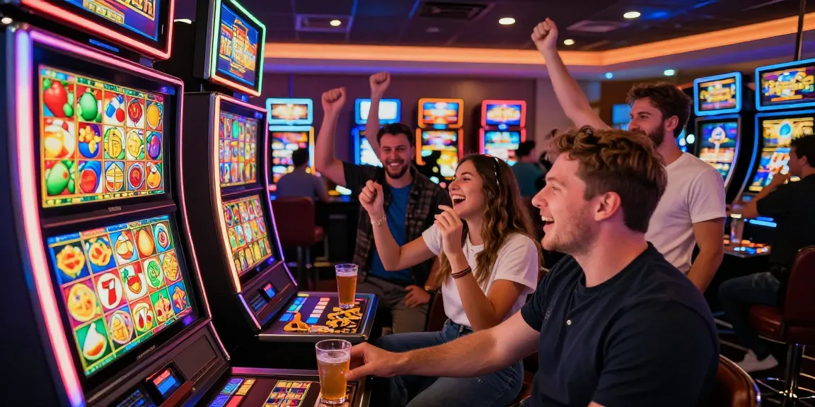 Slot gacor: Suasana meriah di kasino dengan teman merayakan kemenangan pada mesin slot.