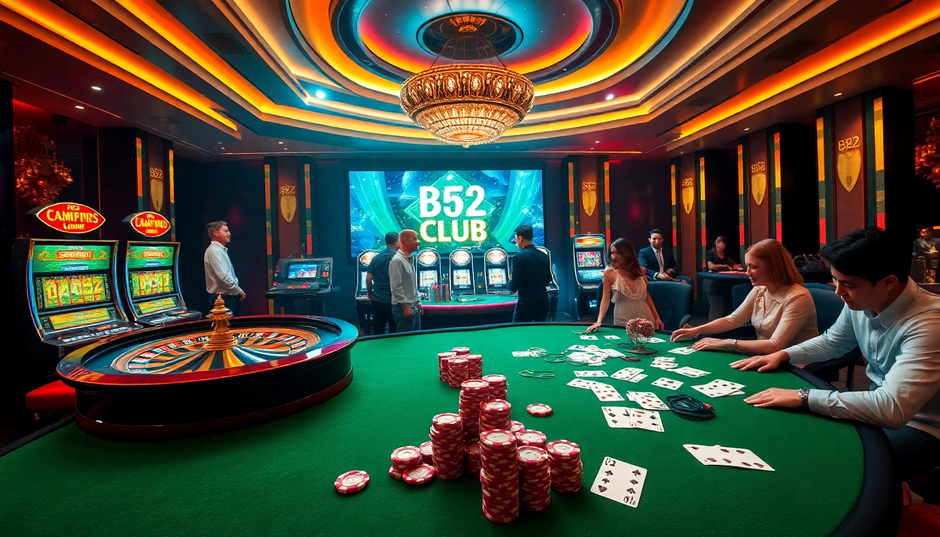 Players enjoying exciting games at B52 Club casino, showcasing poker chips and roulette wheels.