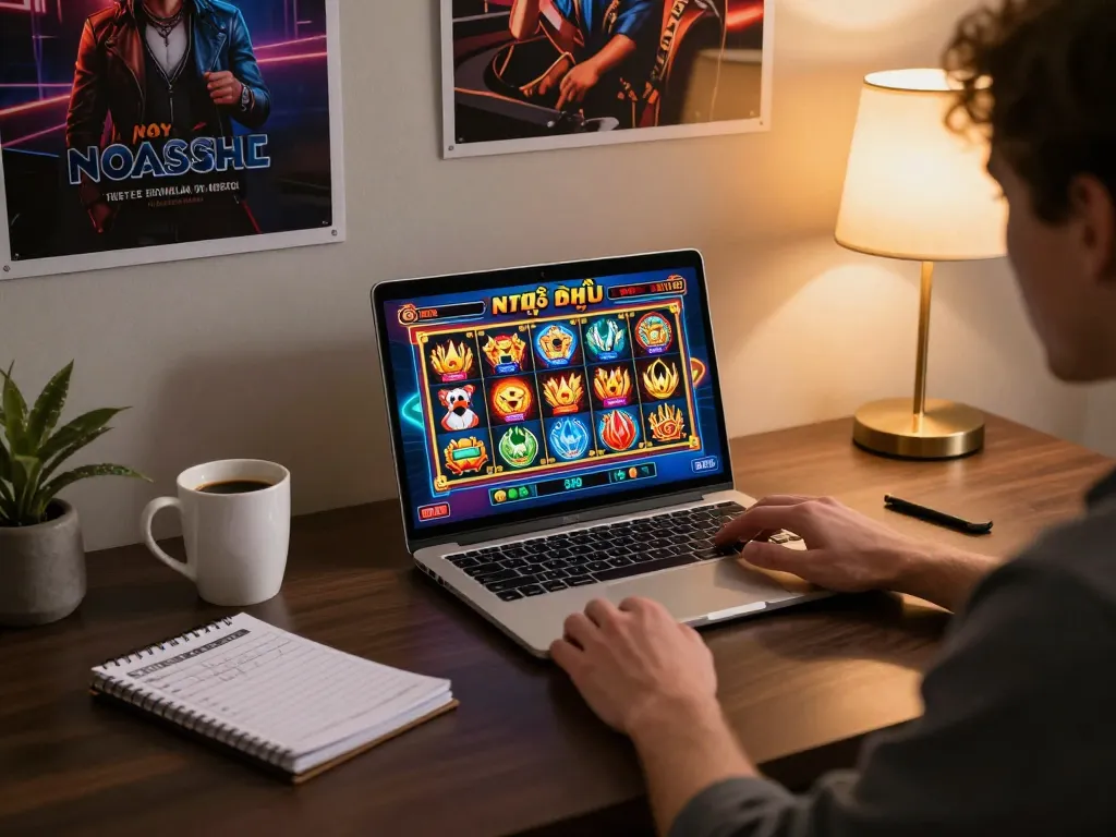 Engaging in online nổ hũ gaming with strategy notes visible at a cozy desk setup.