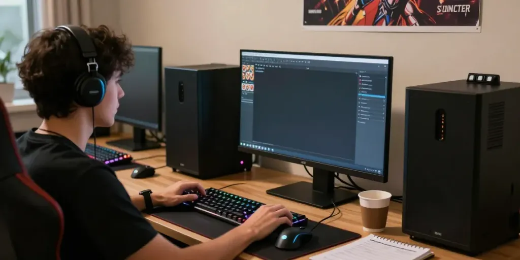 Pengguna bermain game lotre online di komputer sambil fokus pada layar, menunjukkan suasana permainan yang energik.