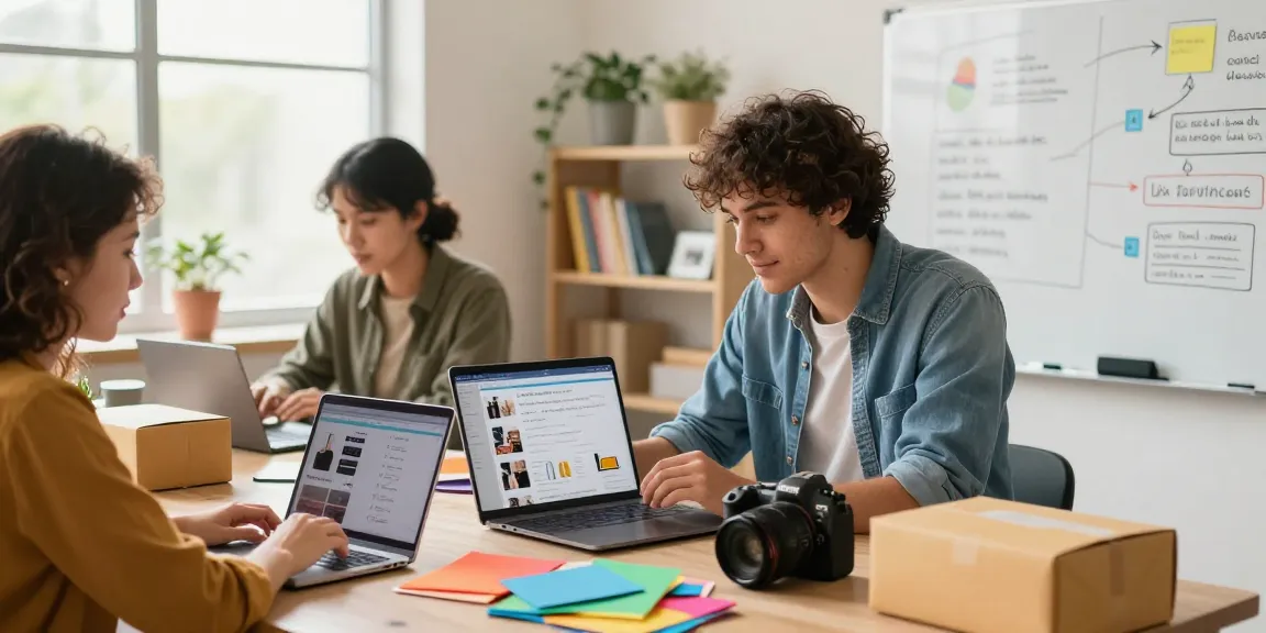 Aktivitas e-commerce uangemas99 di ruang kerja modern dengan individu menyelidiki produk.