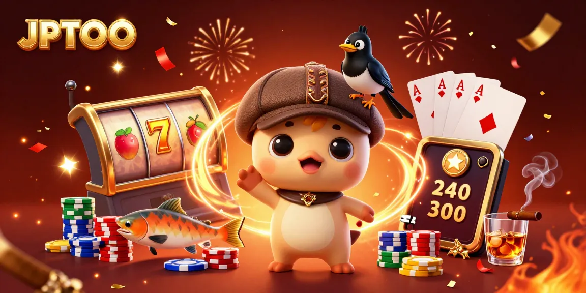 Join the excitement at JPTOTO with vibrant slot games and whimsical characters in this energetic scene.