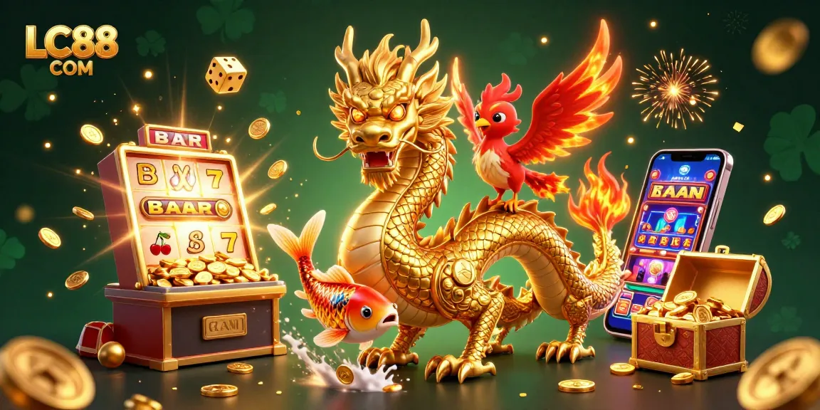 Spin to win at LC88 COM with a fierce dragon, phoenix, and koi amidst a coin shower!