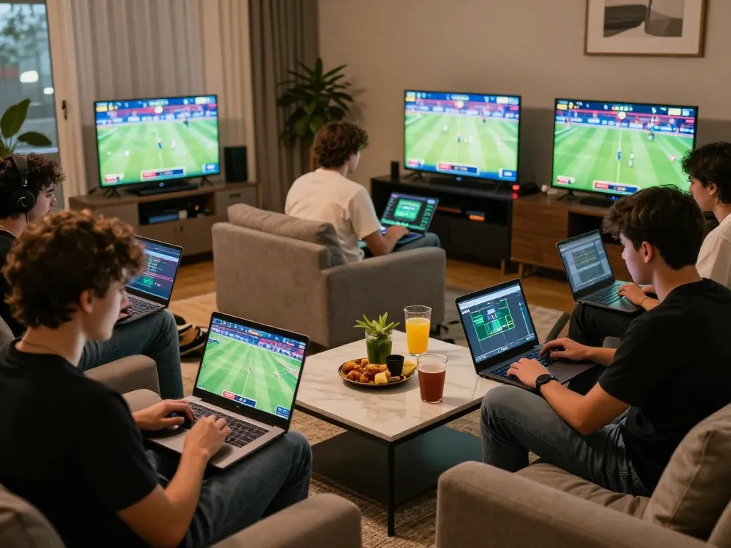 Engaging in online sports betting at home, showcasing kerajaanslot excitement with players focused on laptops