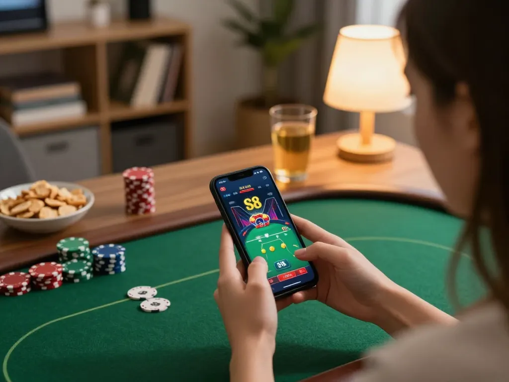 Gambling enthusiast enjoying S8 casino app on smartphone during a cozy home gaming session