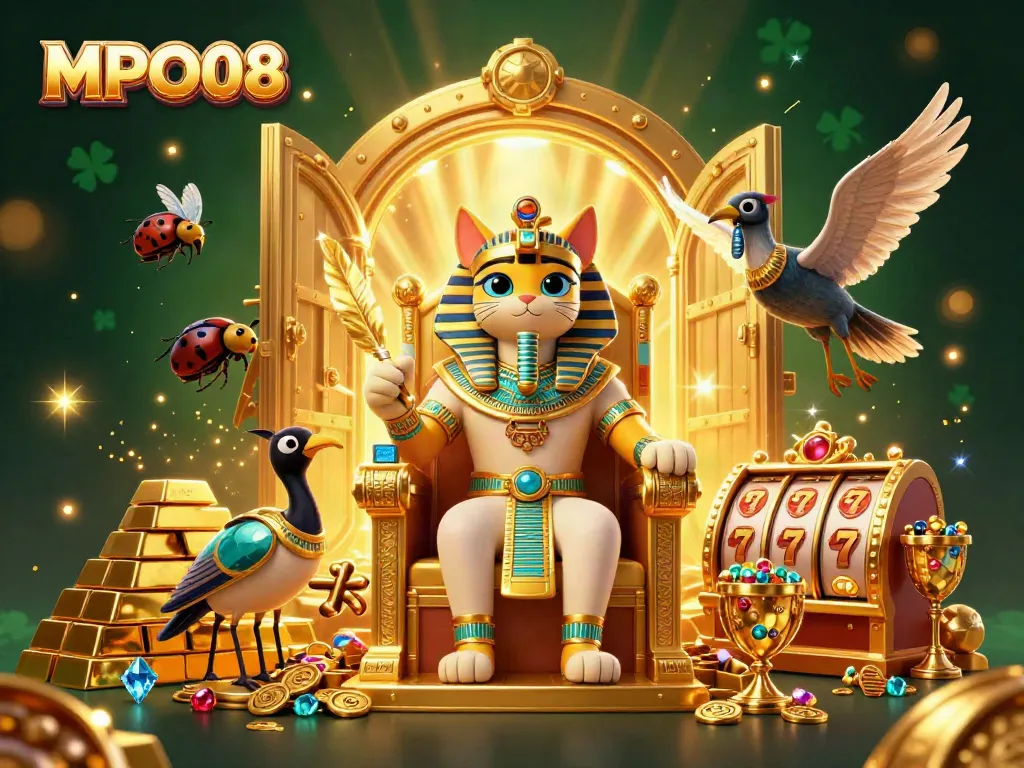 MPO08 showcases an Egyptian pharaoh cat and ibis scribe in an ornate slot-themed scene, embodying winning strategies.
