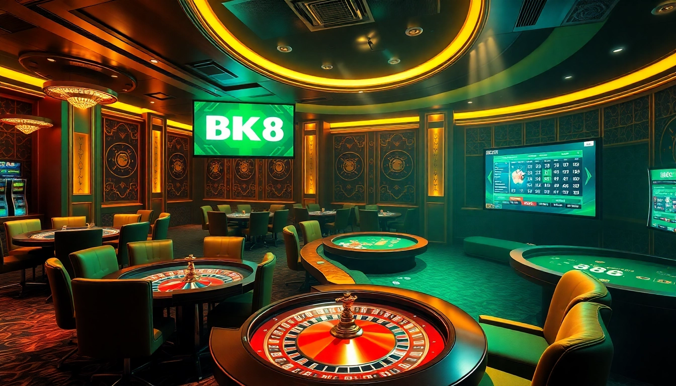 Experience thrilling gaming with BK8 at a luxurious casino featuring tables, roulette wheels, and vibrant colors.