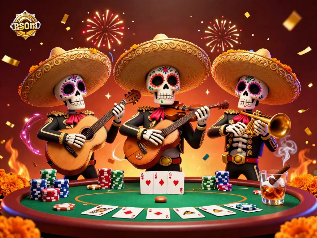 Experience the excitement of BSO118 with a vibrant cartoon Mariachi band around a poker table, celebrating in style.