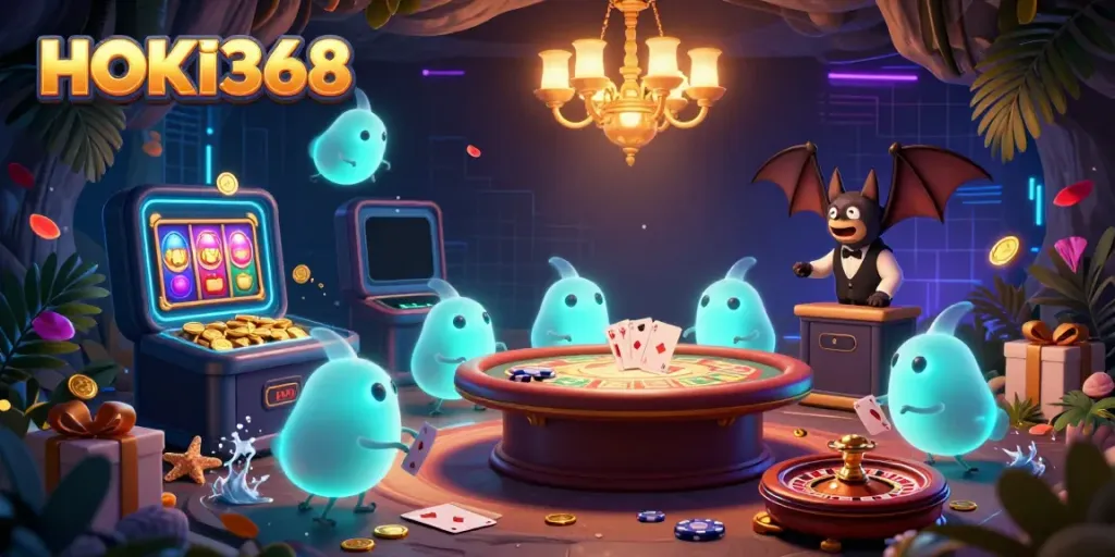 Experience the vibrant excitement of HOKI368's slot games in a 3D glowing casino scene.
