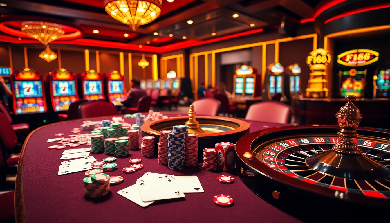 Experience the thrill of gambling at F168 with a vibrant casino scene showcasing poker chips and roulette.