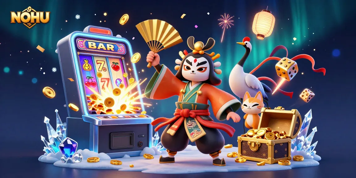 Bet on NOHU in a thrilling scene with kabuki warrior, colorful slot machines, and jackpot symbols bursting.