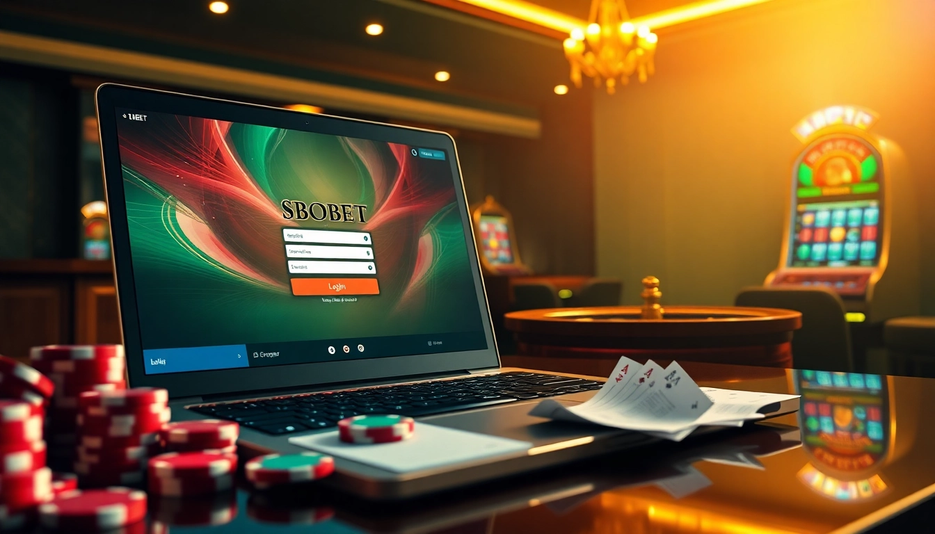 SBobet login terbaru interface displayed on a luxurious casino desk with poker chips and betting slips.