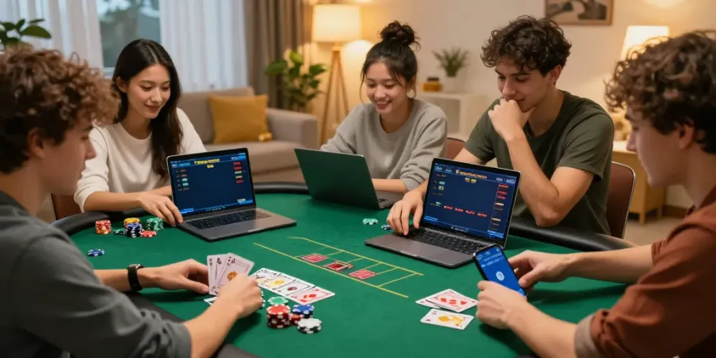 Engaging scene of friends enjoying Wolfbet Promotions Page while playing poker online.