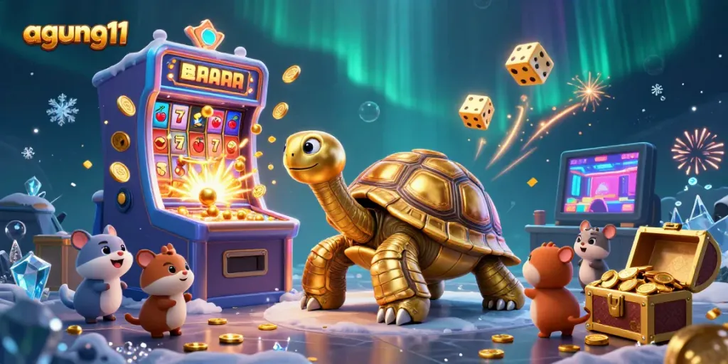 Experience the thrill of agung11 with a vibrant jackpot scene featuring playful characters and dynamic casino elements.