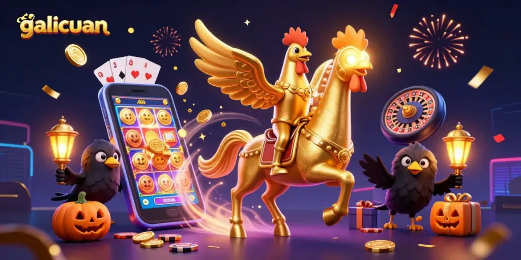 Galicuan menghadirkan keseruan di kasino malam dengan simbol slot berkilau dan koin emas terbang.