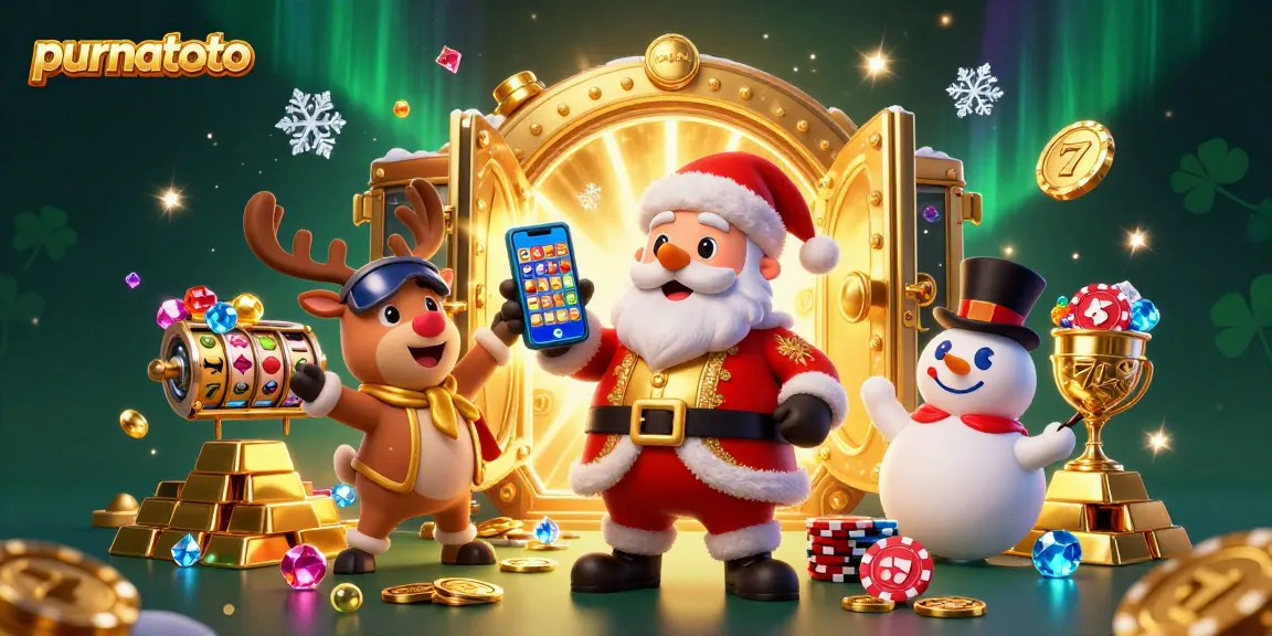 Purnatoto menghadirkan suasana kasino meriah dengan Santa Claus, rusa, dan manusia salju yang beraksi di depan slot jackpot