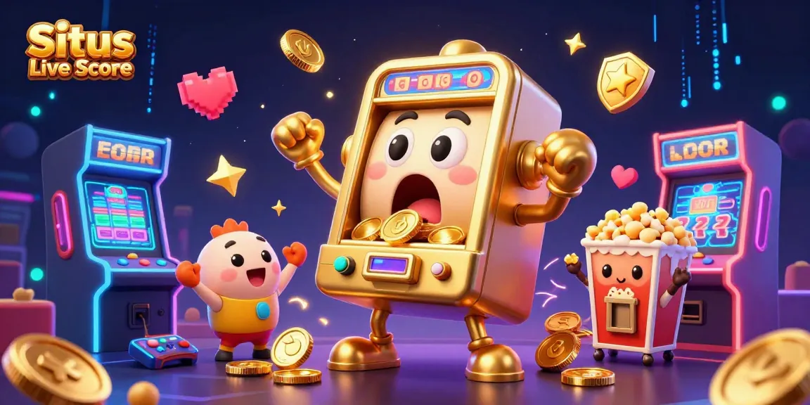 Situs Live Score showcases a joyous golden slot machine hitting a jackpot with cheering companions in a vibrant casino scene.