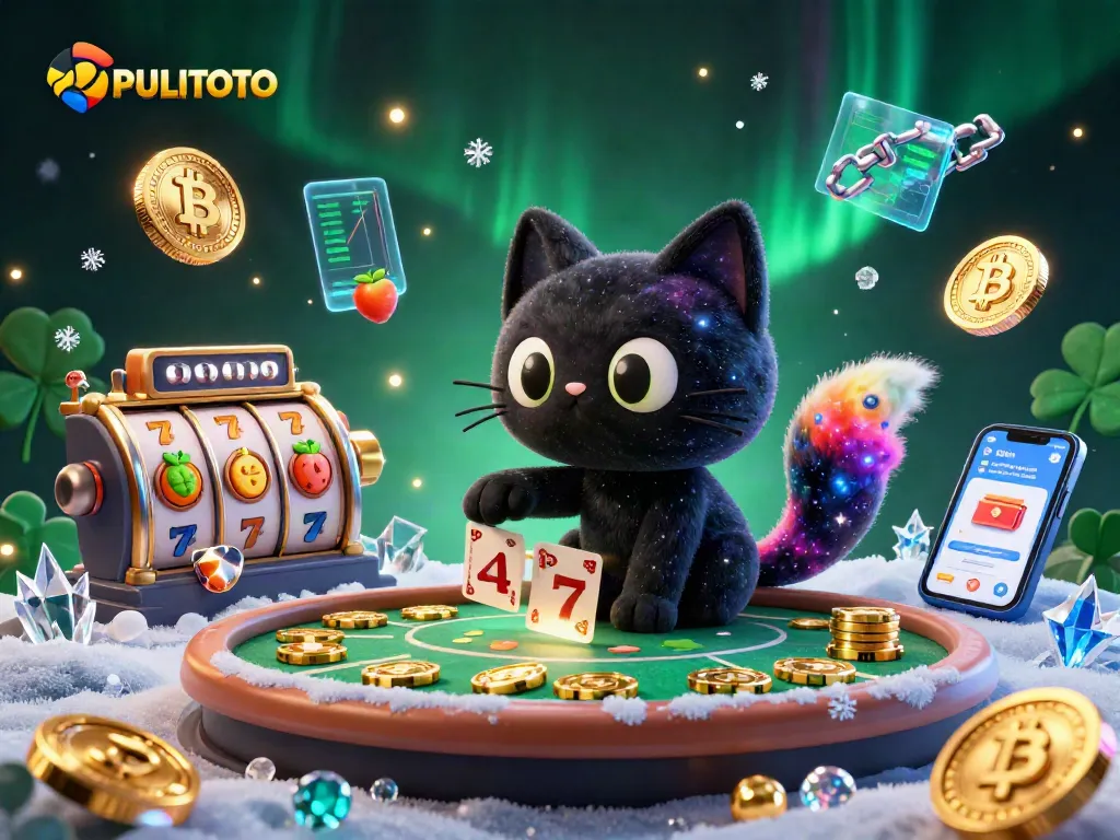 Experience thrilling gameplay with PULITOTO, featuring an energetic cosmic casino scene with slot reels and vibrant characters.